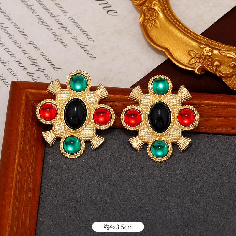 925 Silver Needle Baroque Color Treasure Earrings Medium Earrings Women's Personality Trendy Temperament Retro Court Earrings