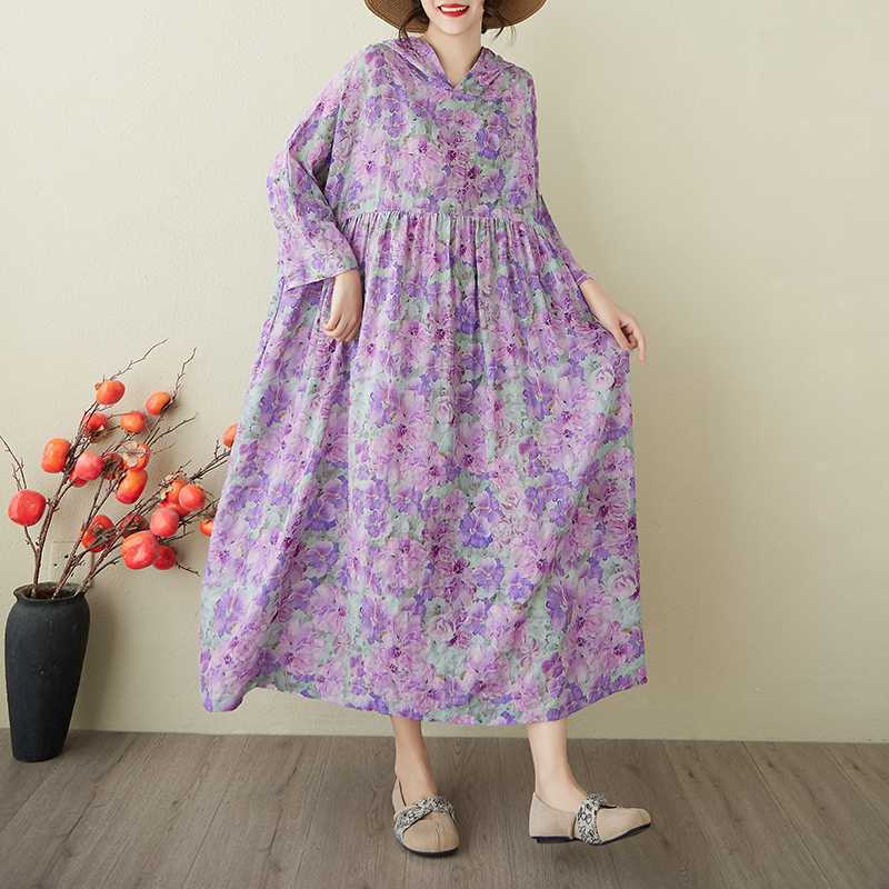 

Retro Niche Gentle Style Cotton Linen Hooded Printed Dress One size