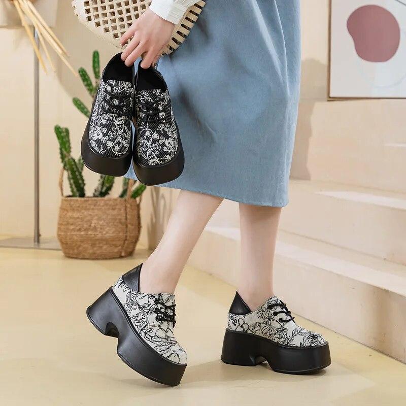 Fujin 11cm Denim Print Cloth Platform Wedge Shoes Chunky Sneaker Comfy High Brand Spring Autumn Casual Synthetic Leather Shoes
