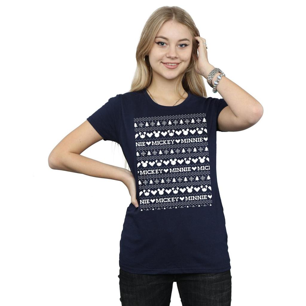 Disney Womens/Ladies Mickey And Minnie Christmas Fair Isle Cotton T-Shirt