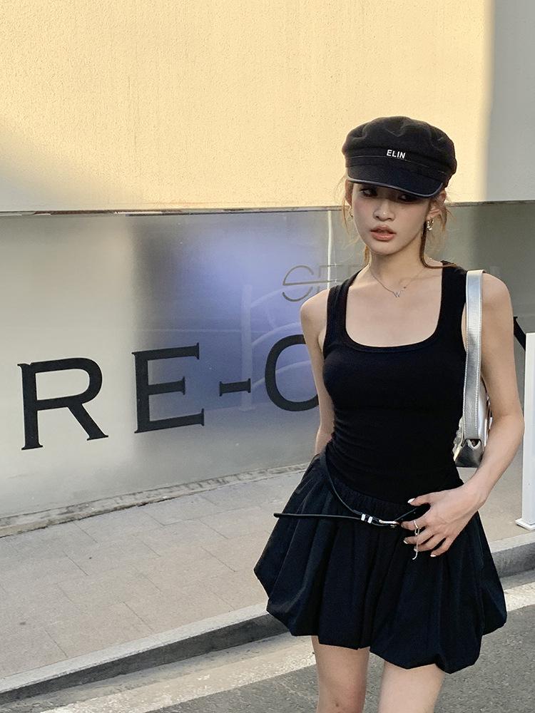2026 Spring/Summer Women's High Waist Fluffy Short Skirt Patchwork Knit Vest Dress