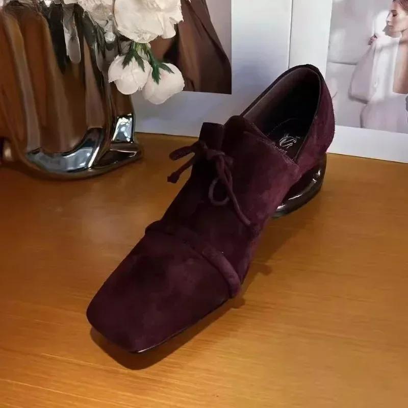 Suede Square Toe Mid Heels Shoes Women Desigenr Chunky Loafers Shoes Trend Fashion Elegant Pumps Dress New Mujer De Zapatillas