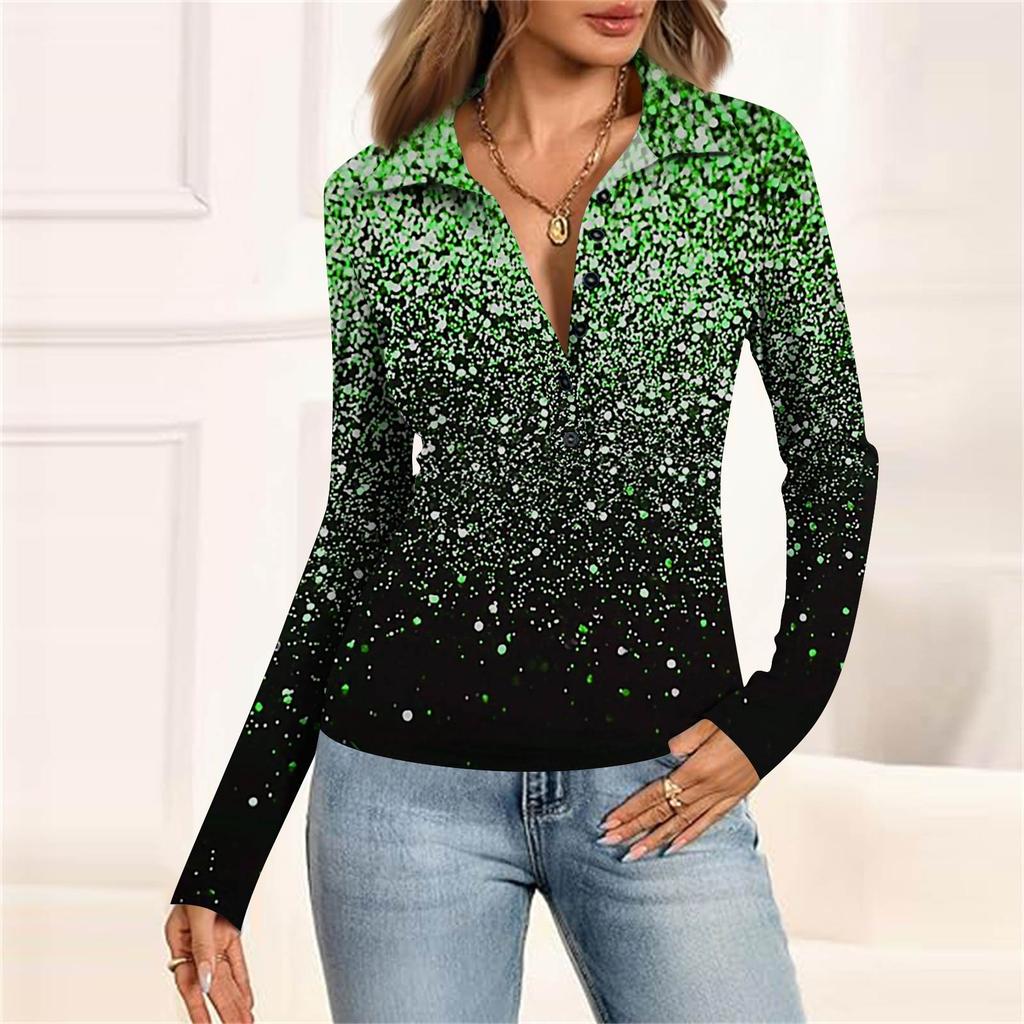 Damenmode Lässig Bedrucktes V-Ausschnitt Langarm Knopfleiste Oberteil