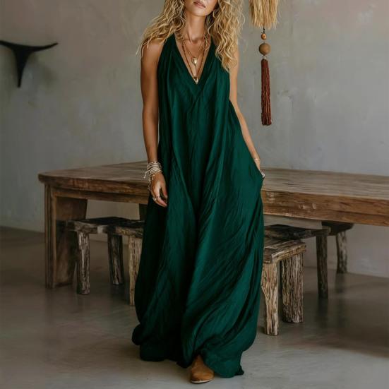 Ärmelloses Sommer-Maxikleid für Damen im Boho-Stil mit V-Ausschnitt, fließendem Muster, perfekt für Strandurlaub und Freizeit. Lässiges A-Linien-Kleid.