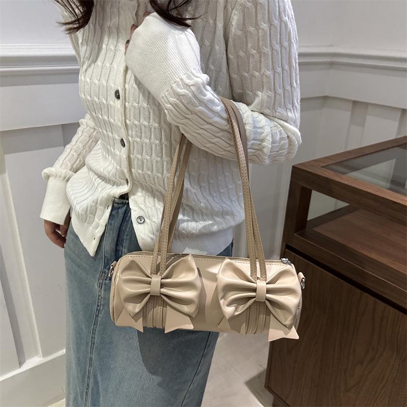Elegant Bow Women's Small Pillow Handbags Pu Leather Ladies Shoulder Underarm Bags Barrel-shaped Purse Female Tote Crossbody Bag