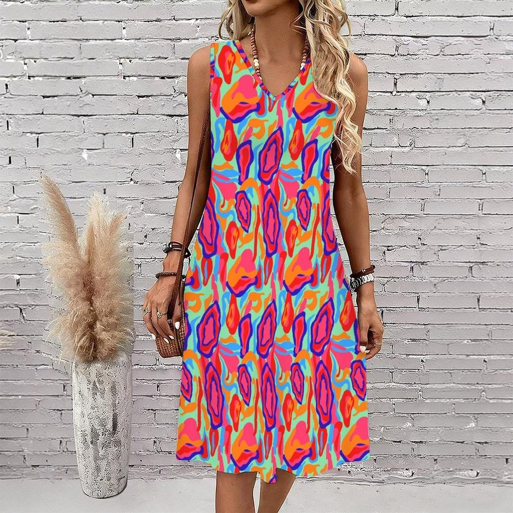 Plus Size V Neck Sleeveless Dress Soft Watercolor Peach Blossom Print For Leisure Courtyard Time