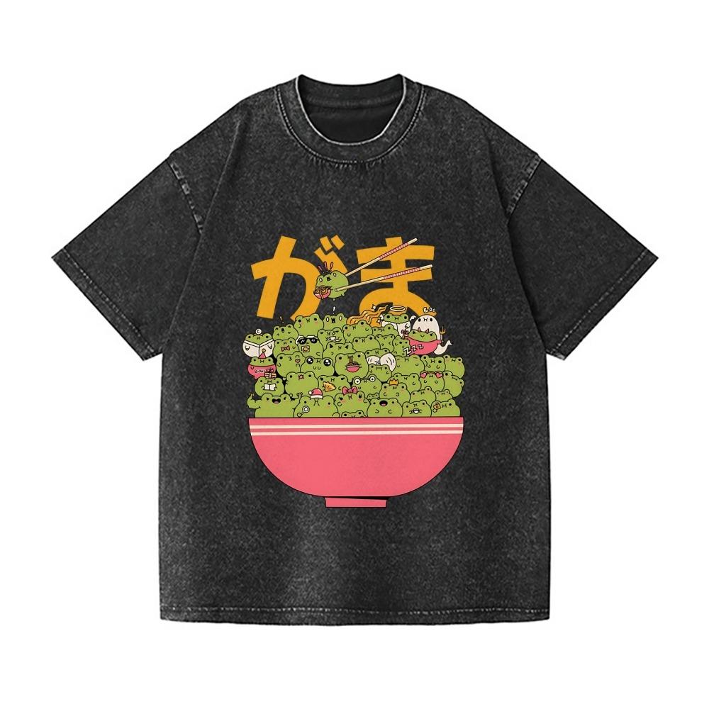 Fashion Unisex Cotton Washed T-shirt Vintage Frog Bowl Japanese Design Tees Casual Loose Short Sleeve Harajuku Sports Tops