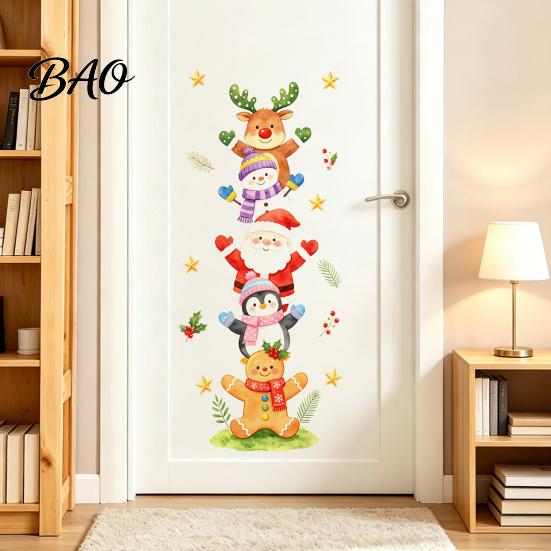 Cute Cartoon Wall Stickers Watercolor Christmas Stack?Up Characters Stickers, Removable Self?Adhesive Door Decorative Holiday Murals Sticker,