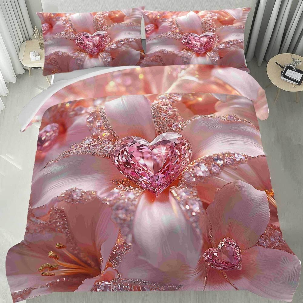 

3pcs Pink Bedding Set Love Heart Flower Diamond 3D Print Cozy Duvet Cover King Queen Twin Size Birthday Gift Adult Bedroom Decor EU Single 135x200cm