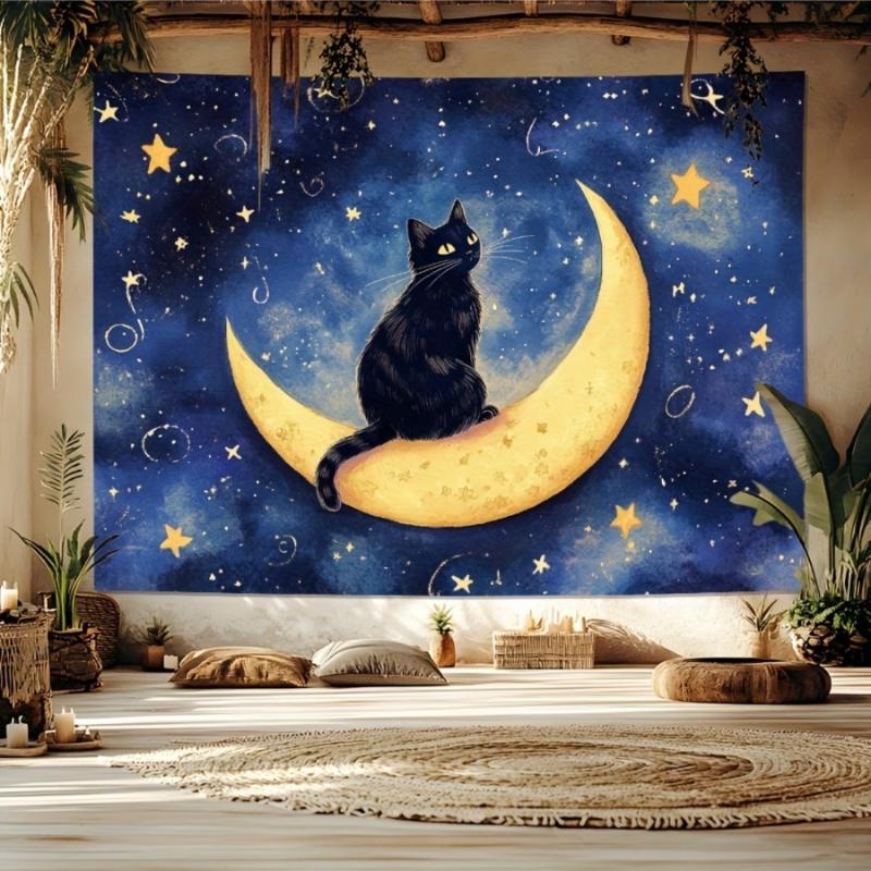 Night Sky Cat Tapestry, Watercolor Print with Black Cat On Crescent Moon, Wall Art for Living Room, Dreamy Cottagecore Decor
