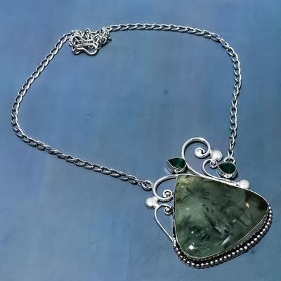 Natural Prehnite, Diopside Gemstone 925 Sterling Silver Necklace 18" A4b91