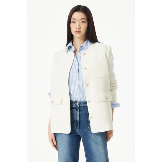 Out Pocket Notch Collar Tweed Jacket - Ivory