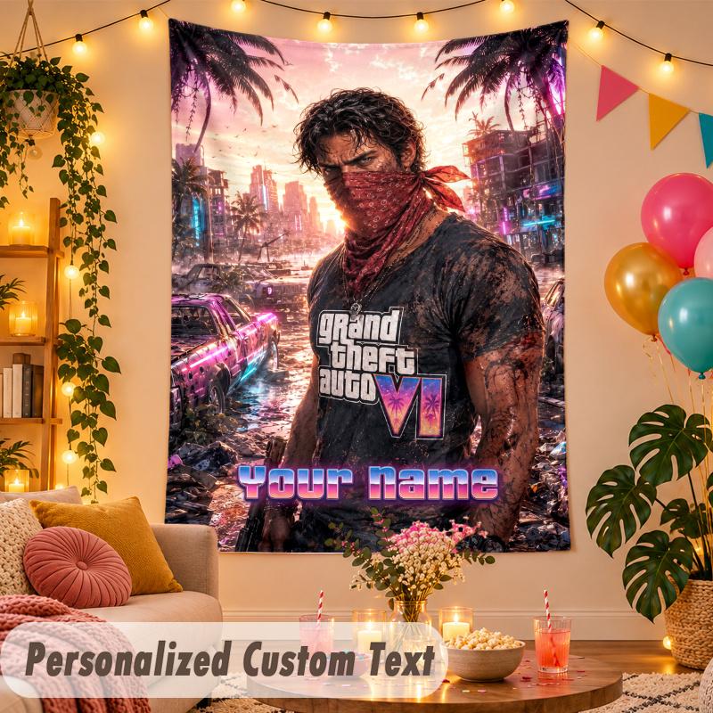 GTA Personalized Wall Tapestry Custom Name Text Polyester Hanging Decor Home Room