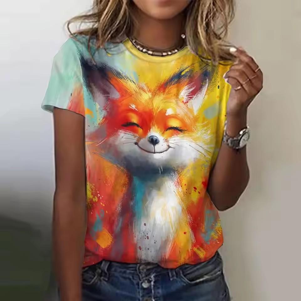 Women's T Shirt Cat Casual Short Sleeve Round Neck Regular Tops Daily Print Rainbow Summer