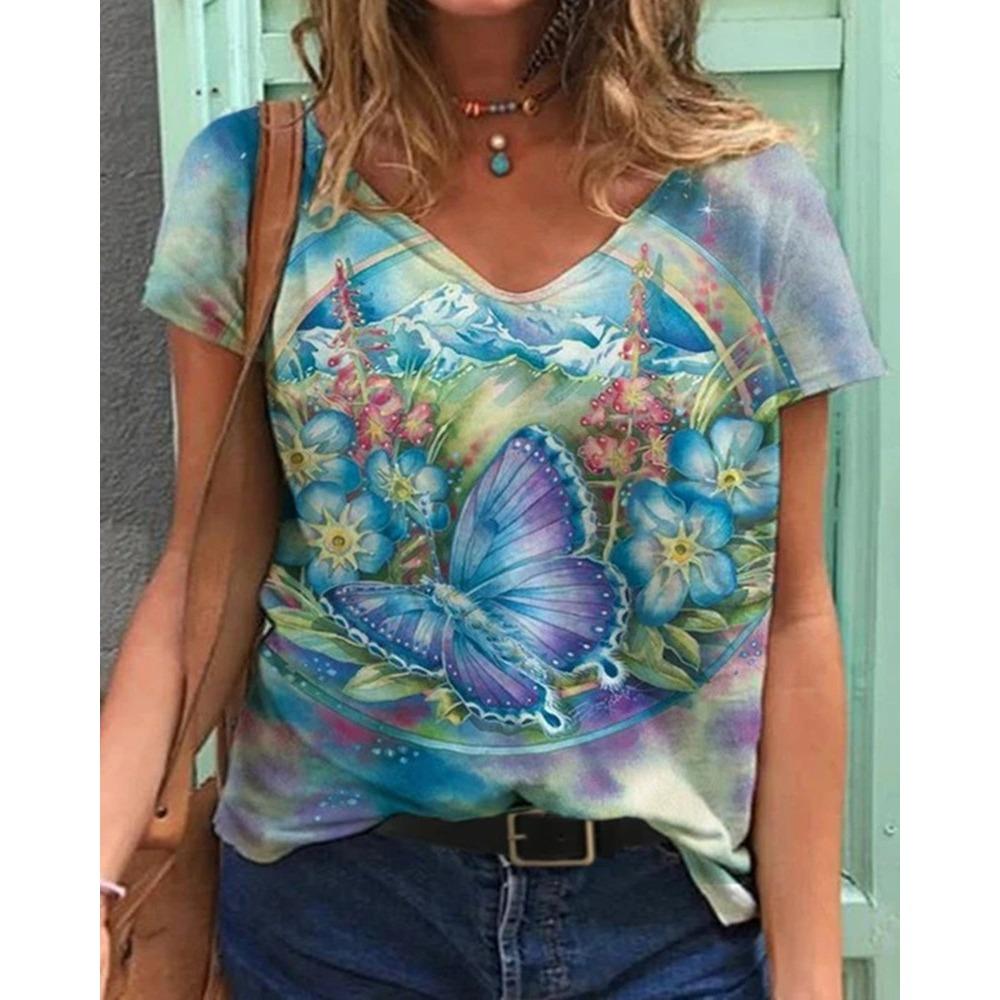 Summer Flower T-Shirts Floral 3D Print Women V-Neck Short Sleeve T Shirt Y2k Harajuku Oversized Tees Tops Female Street Clothing