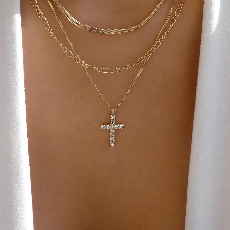 European and American new jewelry light luxury style diamond-encrusted diamond necklace women's alloy cross stacked multi-layer necklace