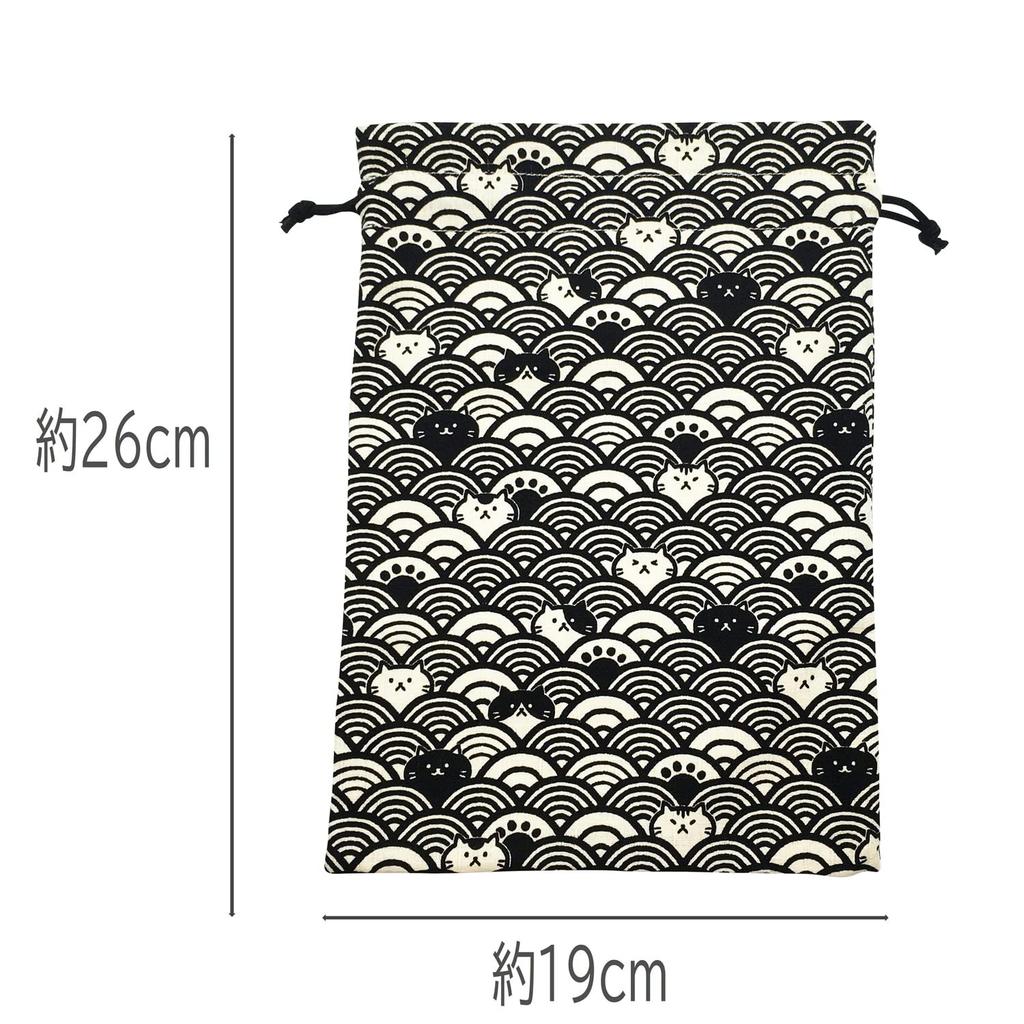 Drawstring pouch for Goshuincho stamp made in with cat drawstring Seigaiha Cat (temple/shrine book), Japan, lining, pattern, Japanese-style bag,