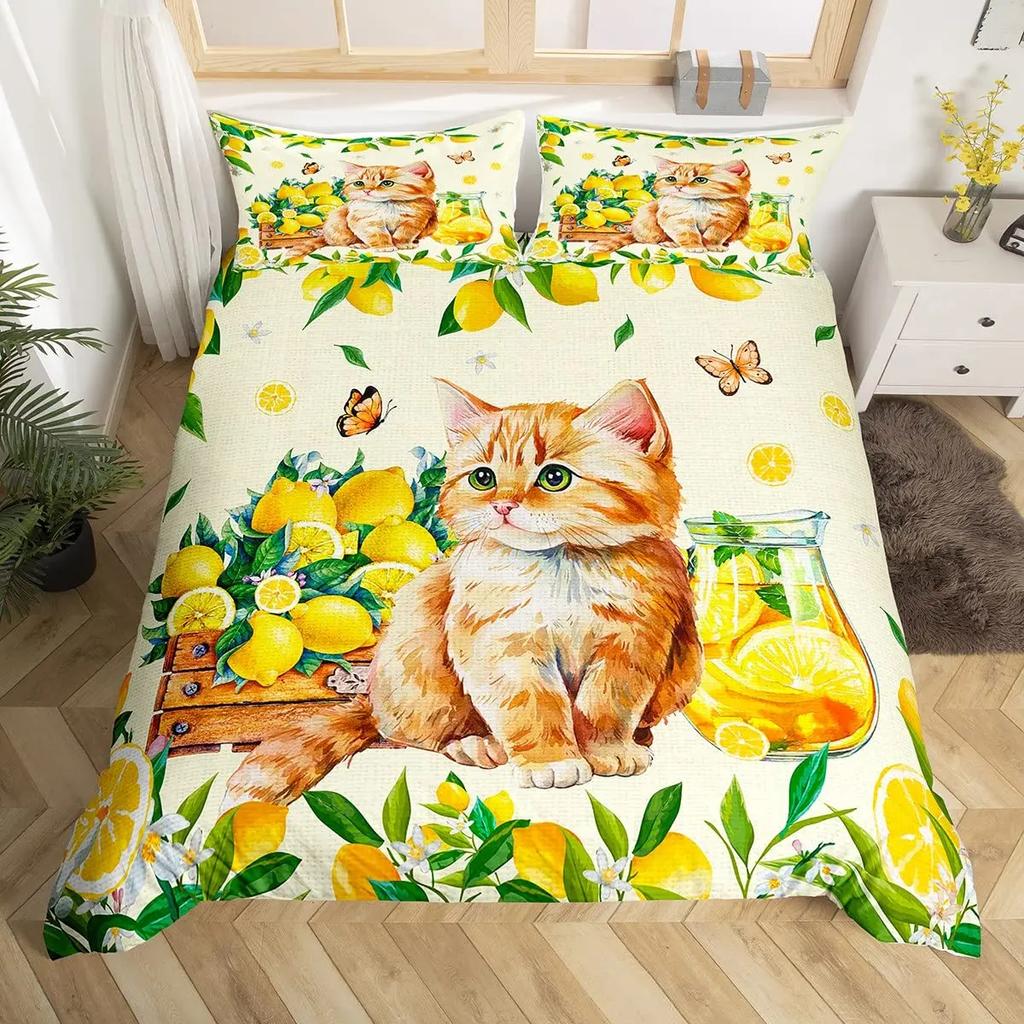 Lemon Duvet Cover Set,Bedding Set 3pcs for Teens Room,Botanical Natural Bright Yellow and Black Quilt Cover with 2 Pillowcases