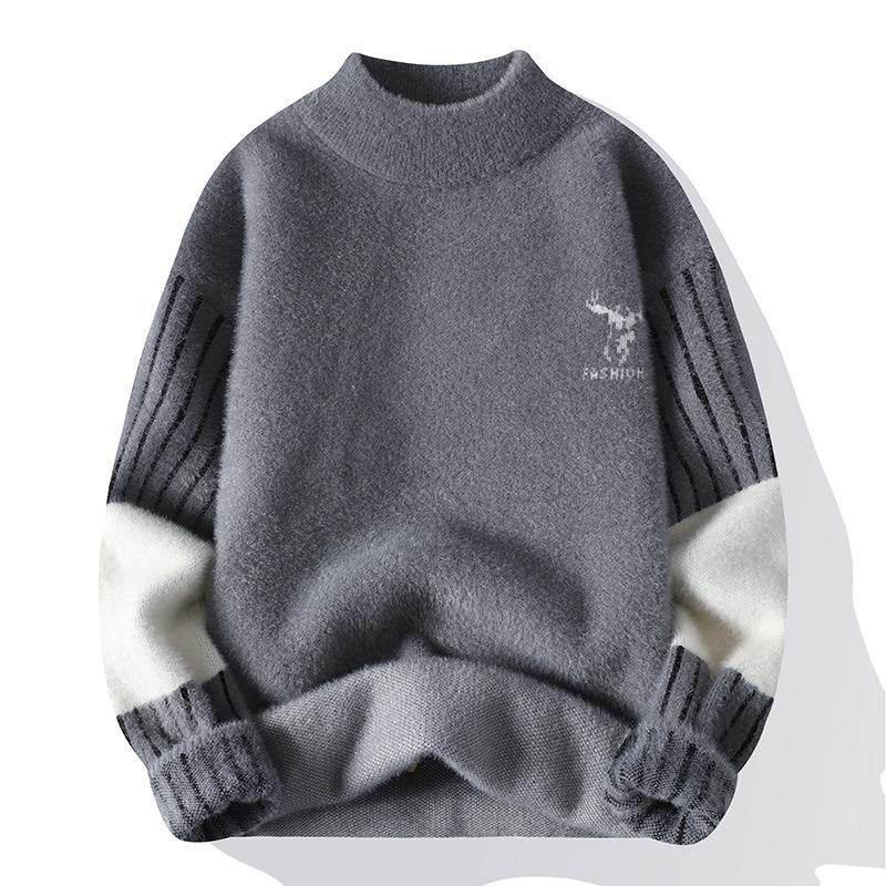 

Men s Semi-turtleneck Imitation Sable Knitted Sweater Loose Color Matching Primer Thread Clothing Fashion Casual Sweater M