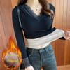 Women's Winter Velvet & Lace V-Neck Top with Thermal Bottoming Shirt
