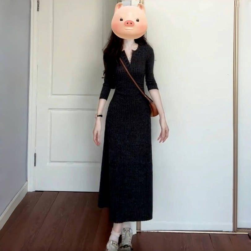 

Women s Autumn/Winter French Gray Knitted Slim-Fit Sweater Dress M