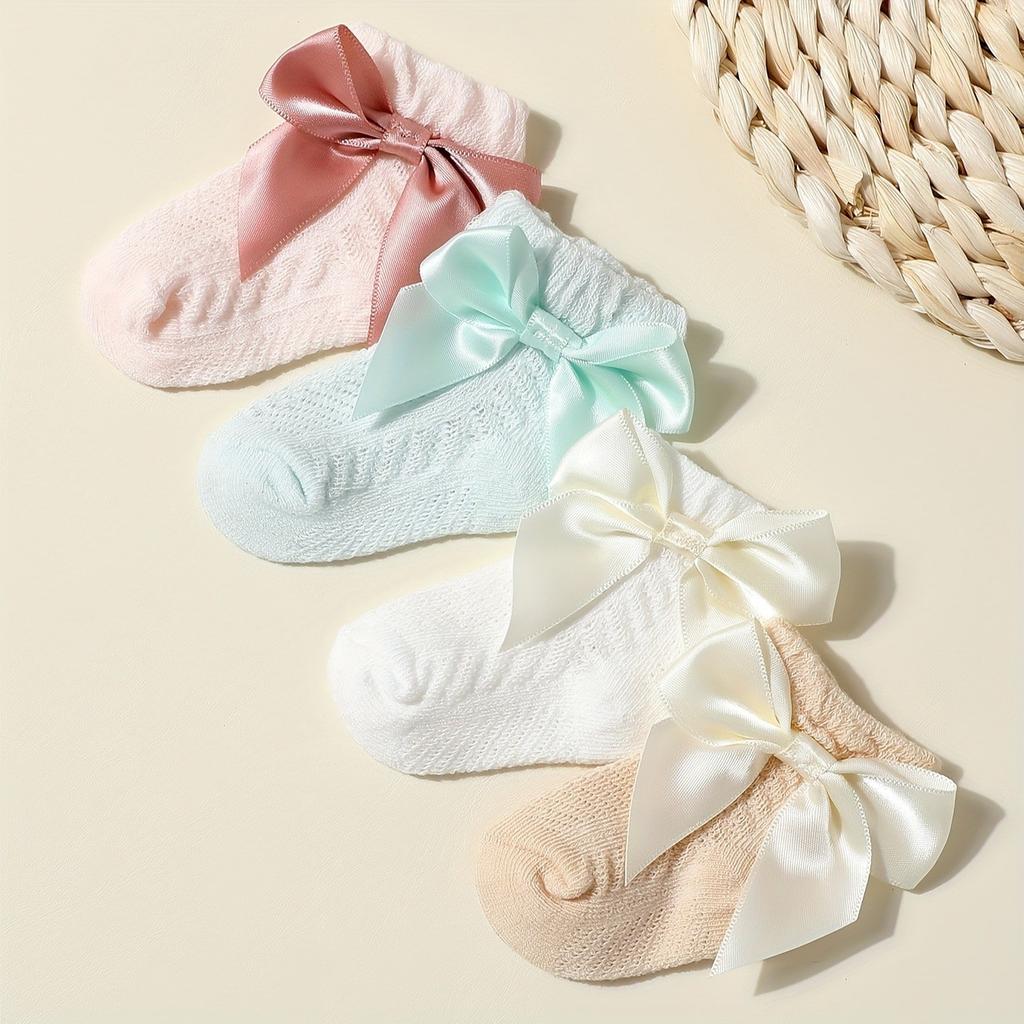 Four Pairs of Summer Baby Socks Mesh Tube Socks Girls Bow Decorated Socks