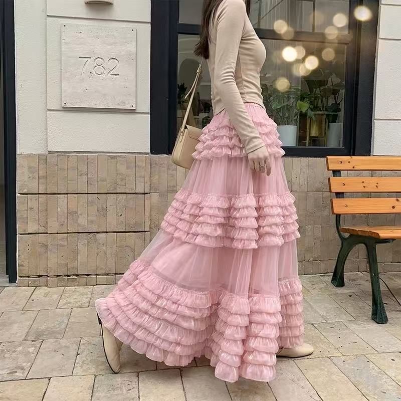 Qooth Ruffle Tulle Maxi Skirt Layered Cake High-Waisted Skirt French Ethereal Style for Party QT2860