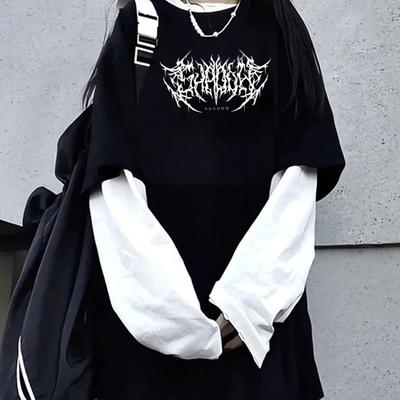 Moda Punk Koyu Stil Baskılı Yuvarlak Yaka Tişört Y2K Spor Harajuku İnce Kadın Üst Uzun Kollu Tişört Dış Giyim Bol Gömlek