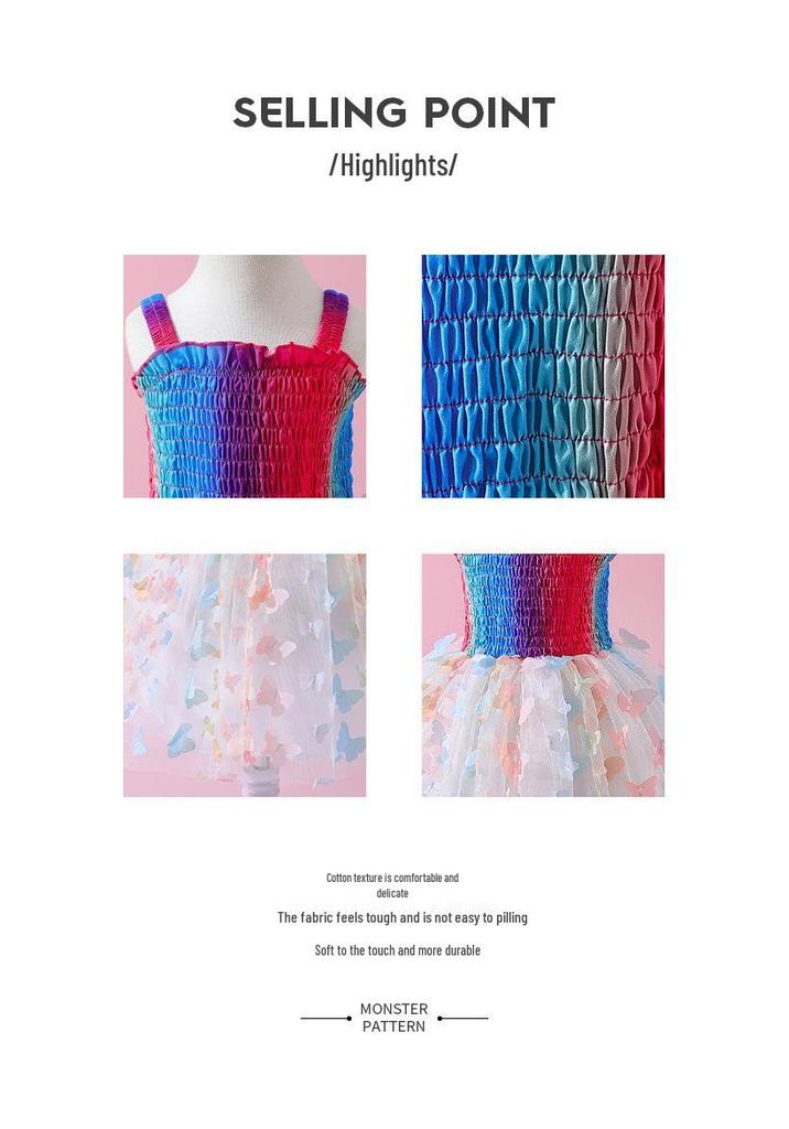Girls' Spaghetti Strap Rainbow Butterfly Summer Dress