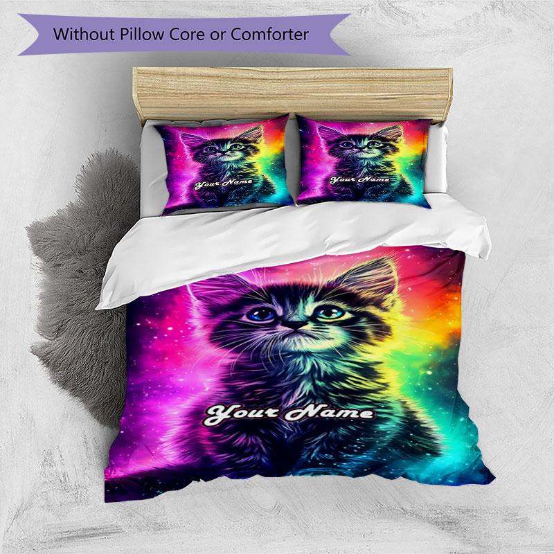 3PC Custom Name Cosmic Kitten Dreamscape Bedding Set Duvet Cover Closure Includes 1 Duvet Cover & 2 Pillowcases for Bedroom