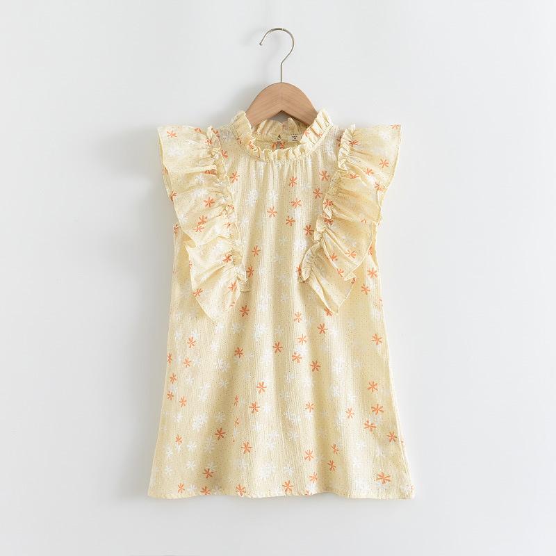 Girls Summer High Neck Ruffle Flutter Sleeve Dress Cute A Line Princess Dress For Kids 100cm жёлтый