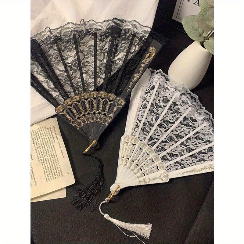 1pc New Chinese Vintage Black Lace Folding Fan Cheongsam Fan Tasseled Old-Fashioned Style Best Gifts Birthday Decorative Fan