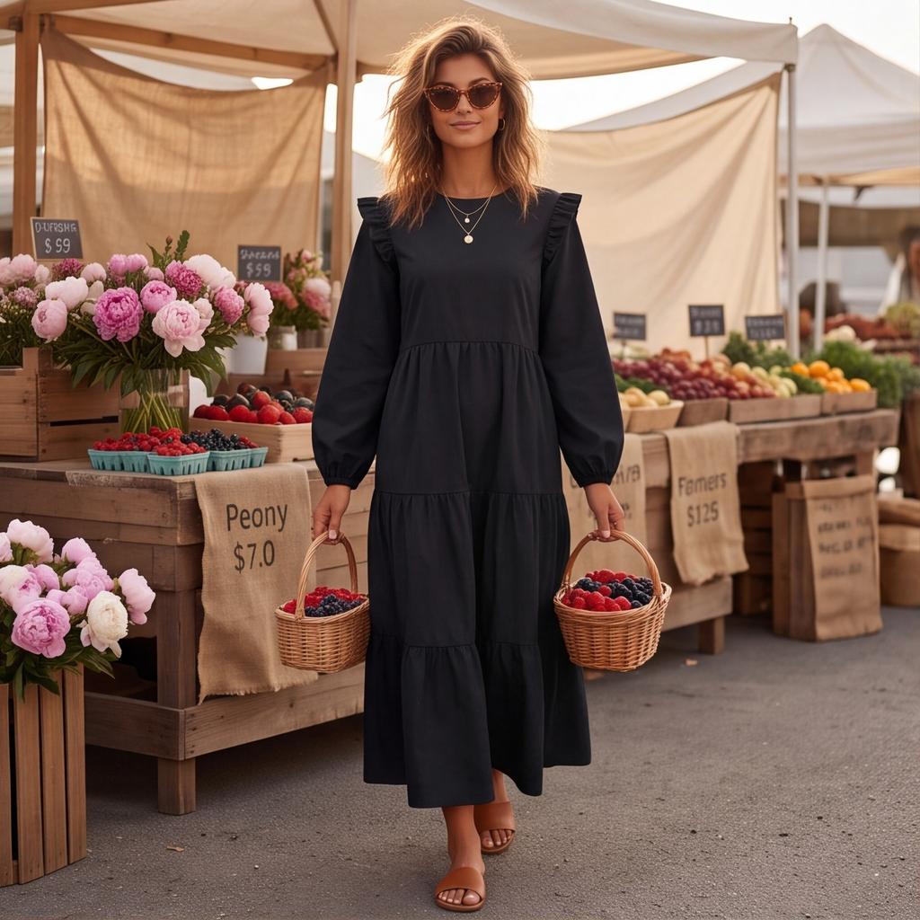 Women's Casual Long Sleeve Round Neck Loose Fit Color Dress for Everyday Wear