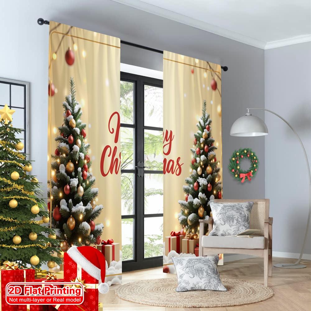 2pcs 2D Flat Printing Merry Christmas Drapes Merry Christmas Gifts Tree Polyester Without Electricity Family Party for Room