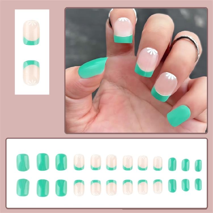 24 Pcs Green French Tip False Nail Flowers Press On Nail Solid Color Stick on Nail Manicures Supplies for Woman