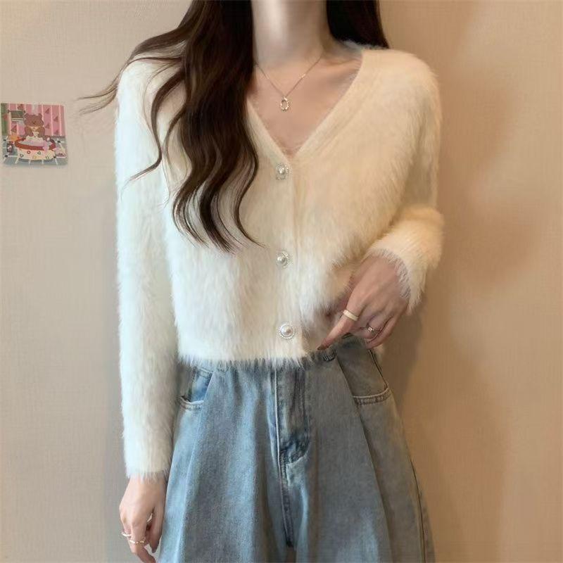 Autumn and winter new v-neck imitation mink velvet solid color short sweater jacket lazy wind outside wear knitted cardigan top women