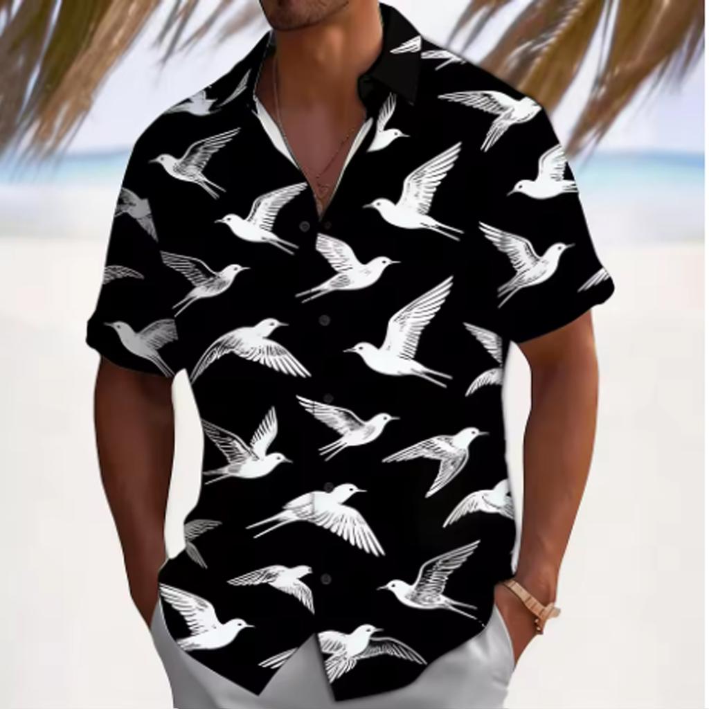 Thin Comfort Short Sleeve Shirts For Men, Relax Fit All Over Tropical & Marine Motif Lapel Tops