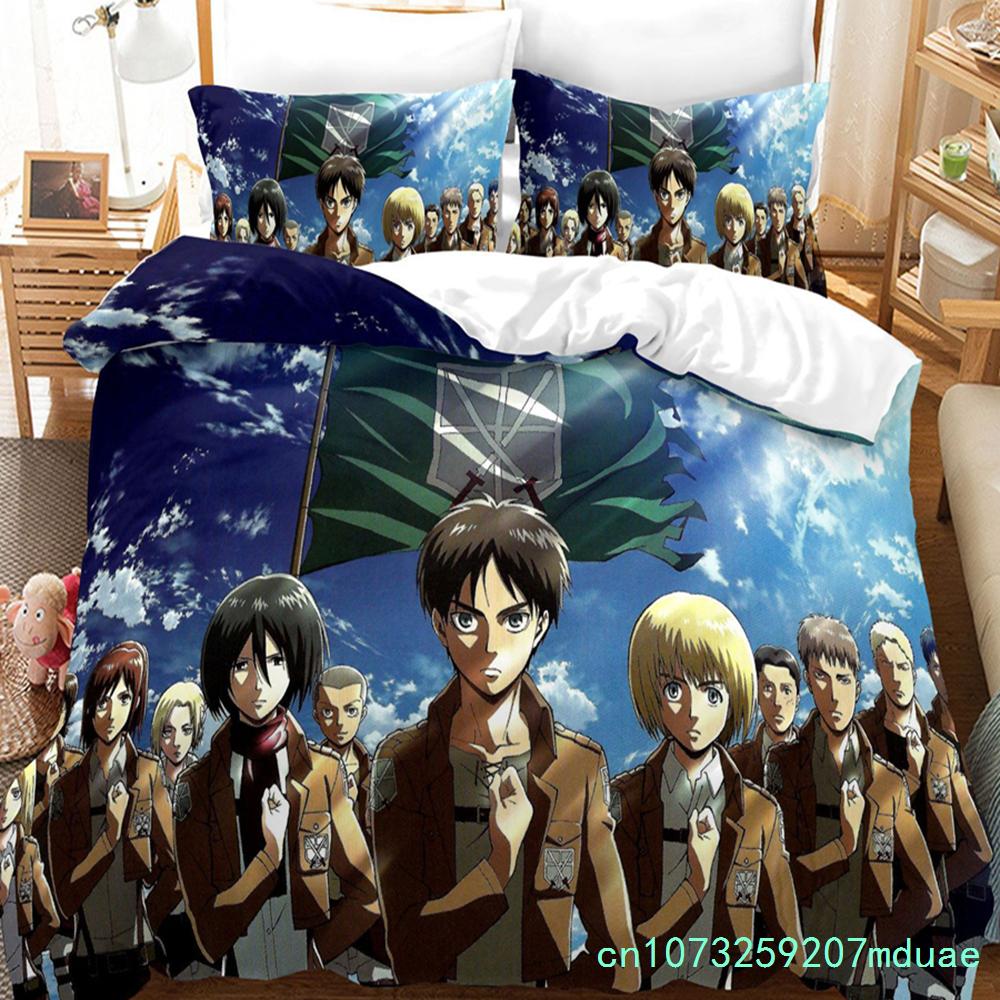 Nouvel Ensemble de Linge de Lit Attack On Titan Simple Jumeau Complet Queen King Size Attack On Titan Chambre d'Enfant Enfant Housses de Couette EU single(135x200cm)