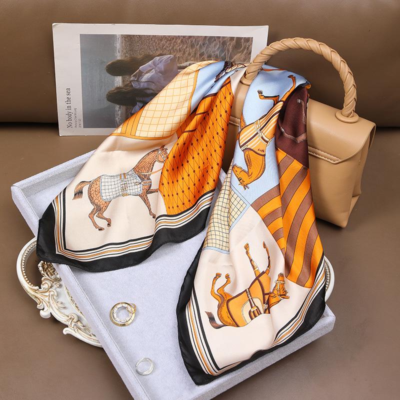 

70*70 Dark Green Horse Print Square Scarf Vintage Cartoon Imitation Silk Neck Scarf Bandana Classic Head Wrap Hair Accessories for daily use One Size