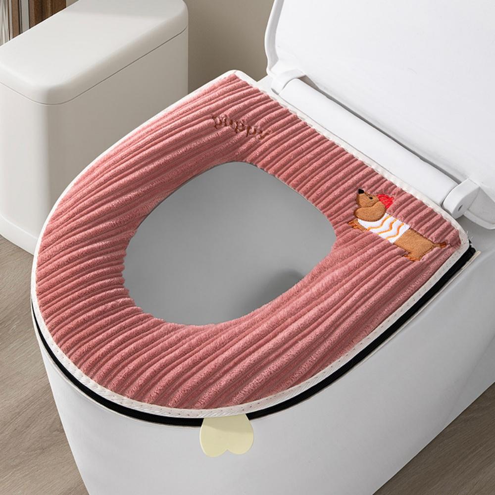 Winter Zipper Plush Toilet Seat Cover Washable Toilet Seat Cushion Cover with Handle Cartoon Print Wc Mat Bathroom Accessories