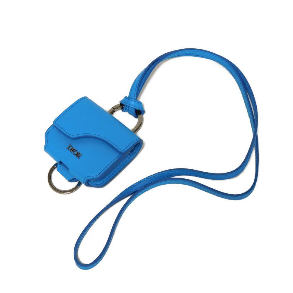 Used Airpods Pro Case 10656 2ADKH271UCL 7950 Flap Magnetic Smooth Calfskin Neck Strap Logo Metal Blue Unisex from Japan