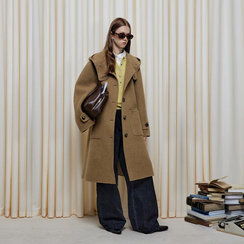 

GREEN BELT 100% Wool Collegiate Hooded Double-Faced Coat M