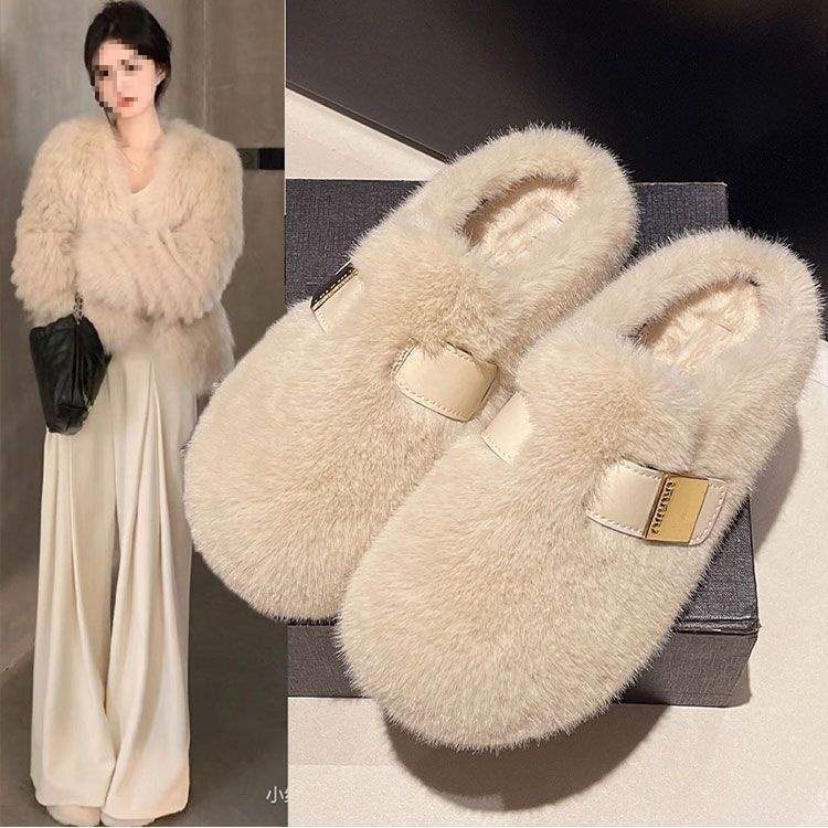 Flat-bottomed bag head fluffy slippers for women's outer wear 2025 new autumn and winter feeling one pedal rabbit fur plush cotton slippers