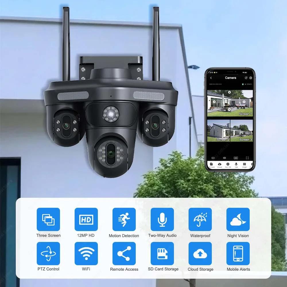 Nieuwe 6K 12MP WiFi IP Camera Buiten Drie lenzen Panoramisch Beeld PTZ IP Cam Bewegingsdetectie Beveiliging CCTV Videobewaking