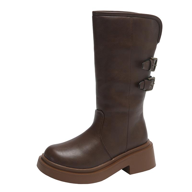 fashion Women's Pu Leather Thick Heel Mid Calf Boots Classic Solid Double Metal Buckle Platform Boots Autumn Round Toe Mujer Boots
