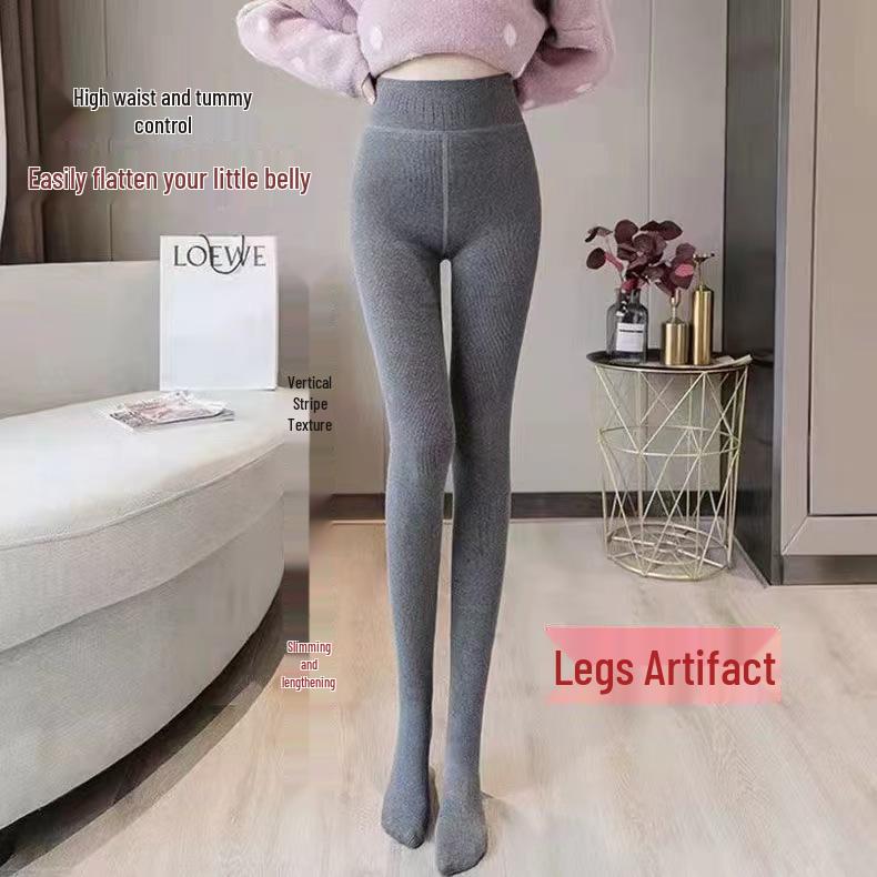 High-Waist Slimming Fleece-Lined Women's Tights with Vertical Stripes - Autumn & Winter 1900D Stockings