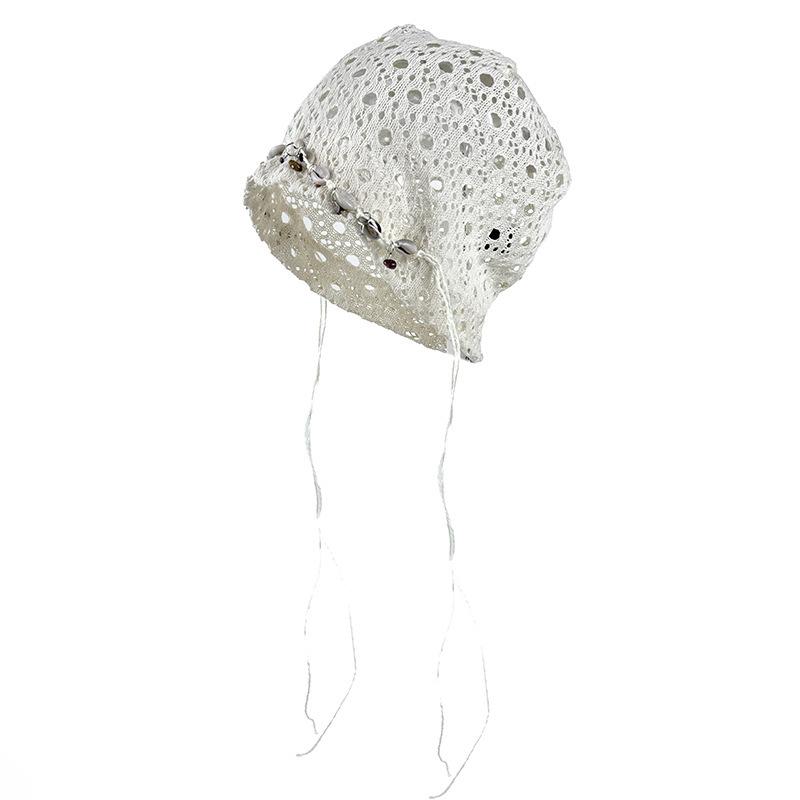 Bohemian Hollow Out Beanie Shell Bead Drawstring Decor Thin Women Design Slouchy Headwear белый