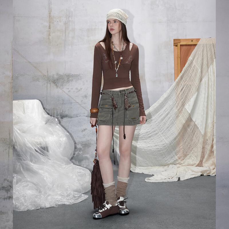 UNIFREE Retro Workwear Multi-Pocket Washed A-Line Skirt