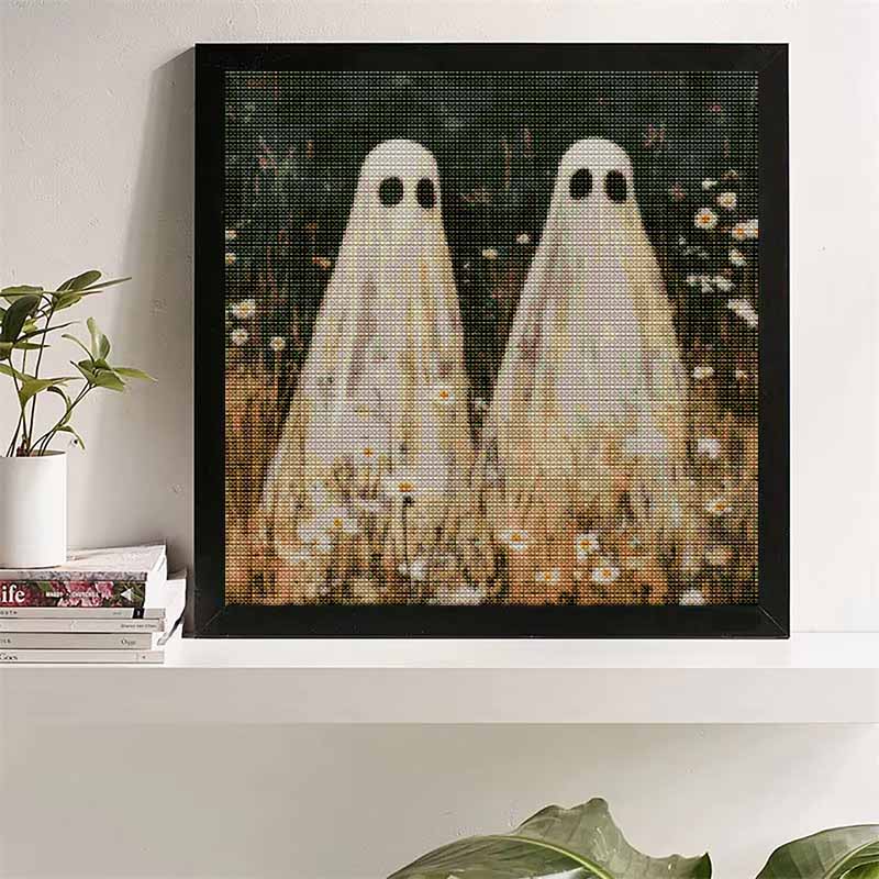 DIY Diamond Painting Canvas Cute Two Ghosts in Flower Field Pattern 5D Rhinestone Art Kit for Home Wall Decor Crafting Supplies