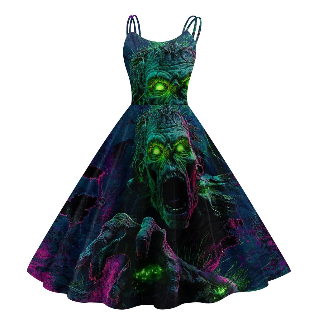 Women's Halloween Print Off-Shoulder Spaghetti Strap Dress